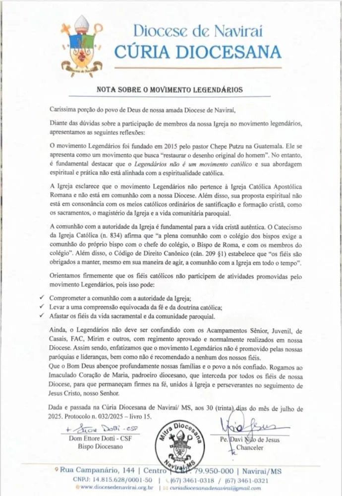 Diocese de Naviraí emite nota de alerta sobre grupo “Legendários”