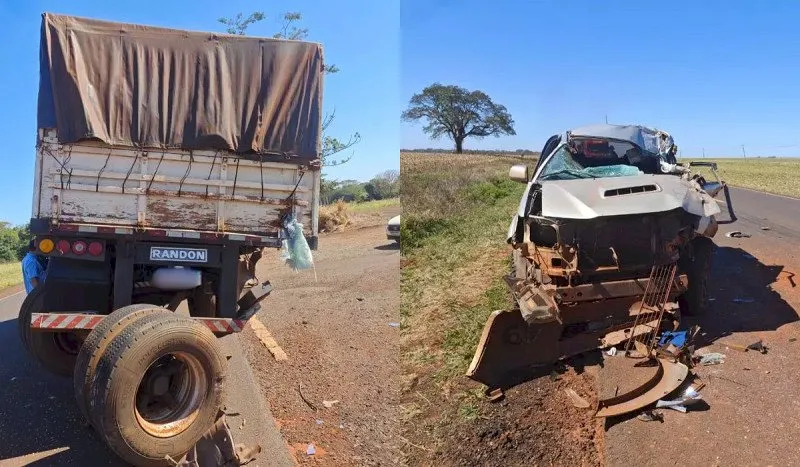 Hilux atinge traseira de carreta na MS-157 e motorista fica preso nas ferragens
